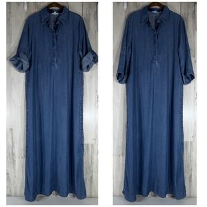 Chicos Maxi Dress Size 2 or Large Lyocell Denim Chambray Roll Tab Side Buttons